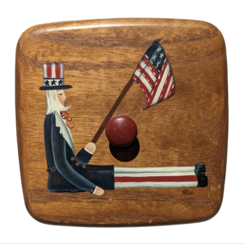 K.S. Lanam Co wood lid wall hanger Uncle Sam Flag signed Alice replaceme…
